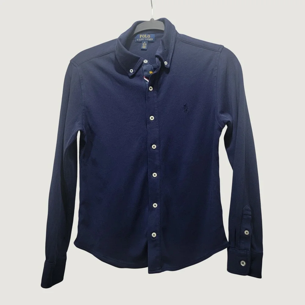 Polo Ralph Lauren Boys M 10-12 Navy Knit ButtonDown Shirt Striped Placket Preppy